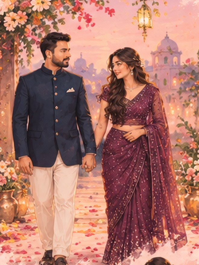 Painting of Swati and Bhaskar walking hand in hand
