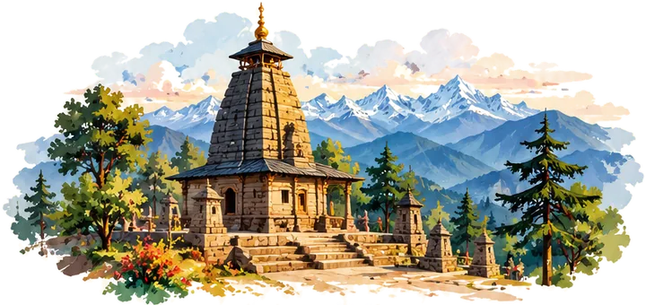 Watercolour painting of a stone temple in Almora with the snowy Himalayas