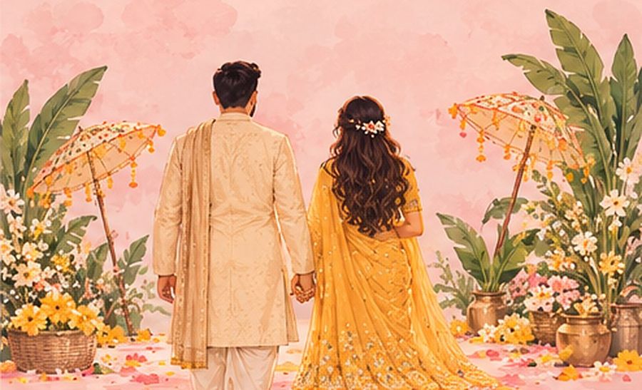 Painting of Swati and Bhaskar walking away together