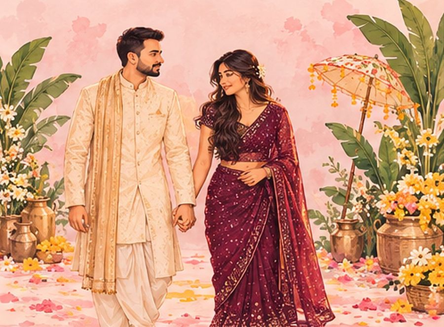 Painting of Swati and Bhaskar walking hand in hand among flowers