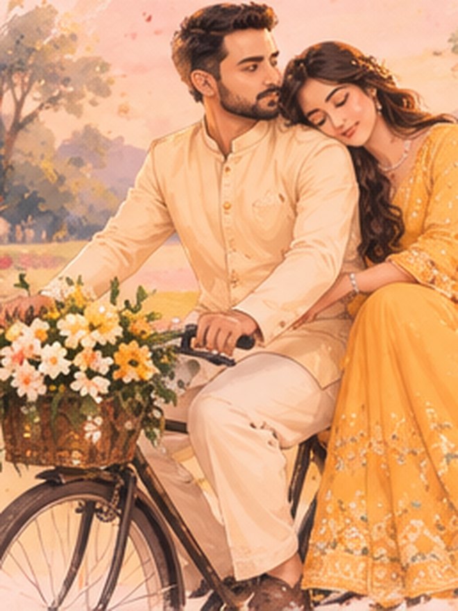Painting of Bhaskar and Swati on a bicycle
