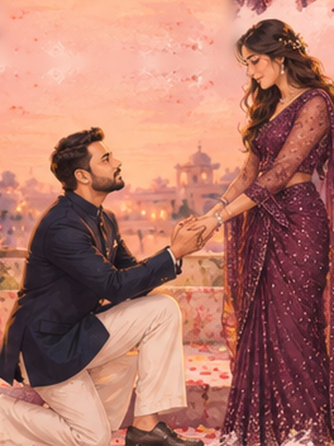 Painting of Bhaskar kneeling and holding Swati's hand